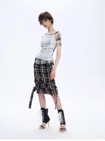 FULLTIDE Asymmetric Deconstructed Plaid Letter Print Mesh One Shoulder Slim Women&