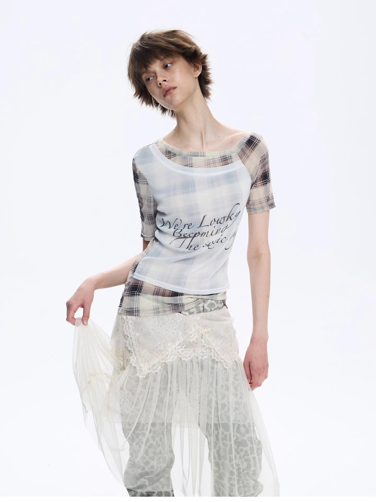 FULLTIDE Asymmetric Deconstructed Plaid Letter Print Mesh One Shoulder Slim Women&