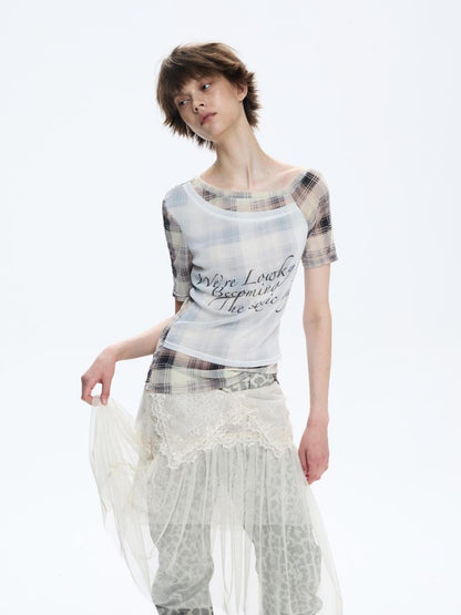 FULLTIDE Asymmetric Deconstructed Plaid Letter Print Mesh One Shoulder Slim Women&