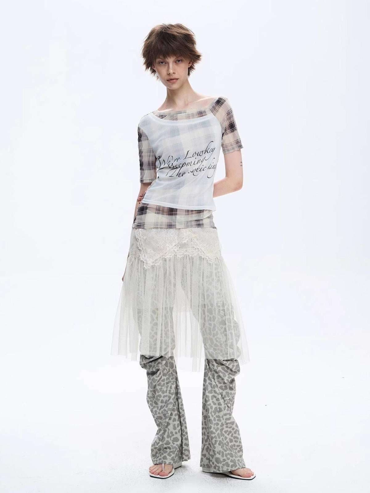 FULLTIDE Asymmetric Deconstructed Plaid Letter Print Mesh One Shoulder Slim Women&