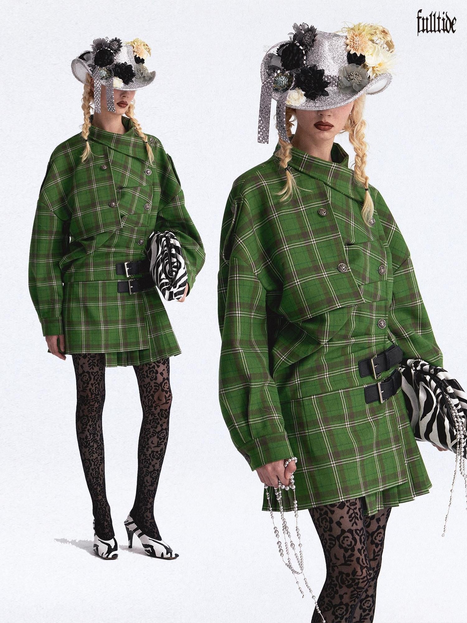 FULLTIDE Asymmetric Plaid Double Breasted Cinched Waist Women&