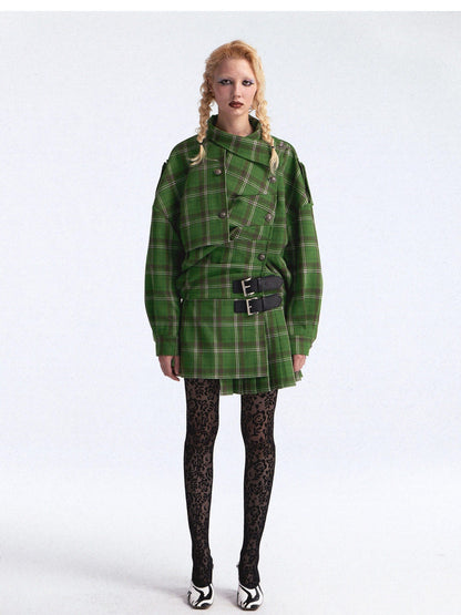 FULLTIDE Asymmetric Plaid Double Breasted Cinched Waist Women&