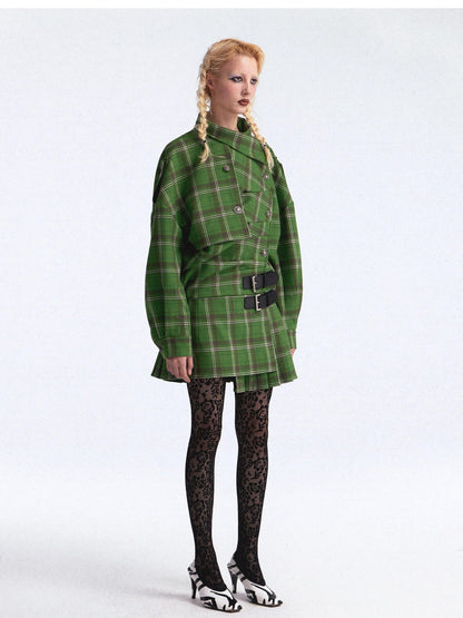 FULLTIDE Asymmetric Plaid Double Breasted Cinched Waist Women&