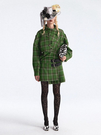 FULLTIDE Asymmetric Plaid Double Breasted Cinched Waist Women&