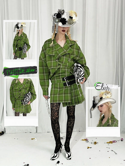 FULLTIDE Asymmetric Plaid Double Breasted Cinched Waist Women&