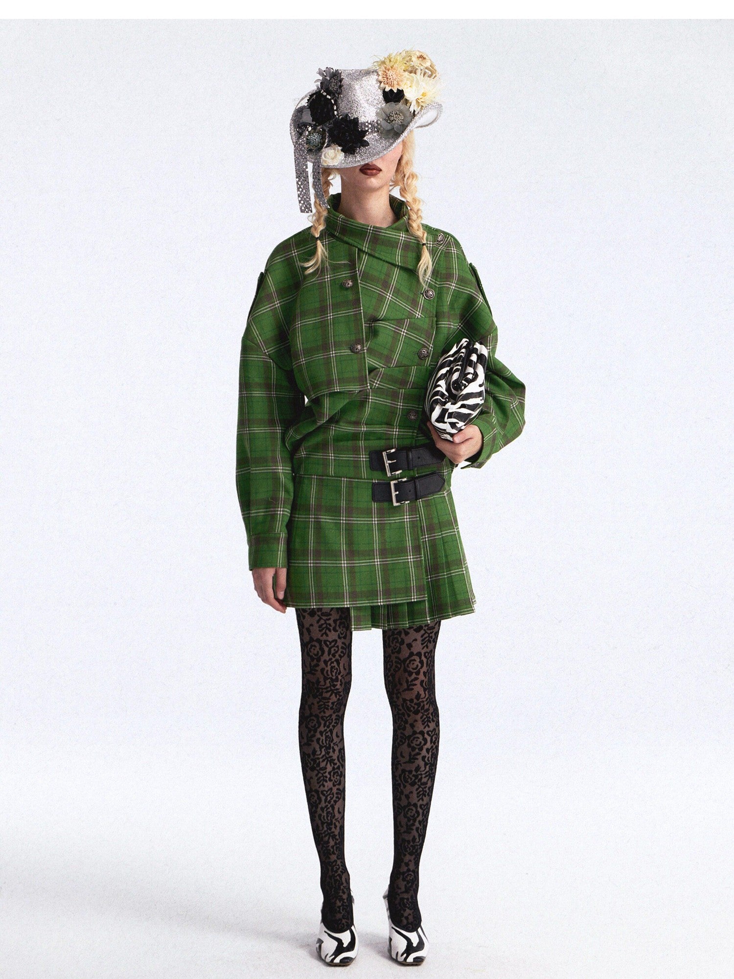 FULLTIDE Asymmetric Plaid Double Breasted Cinched Waist Women&