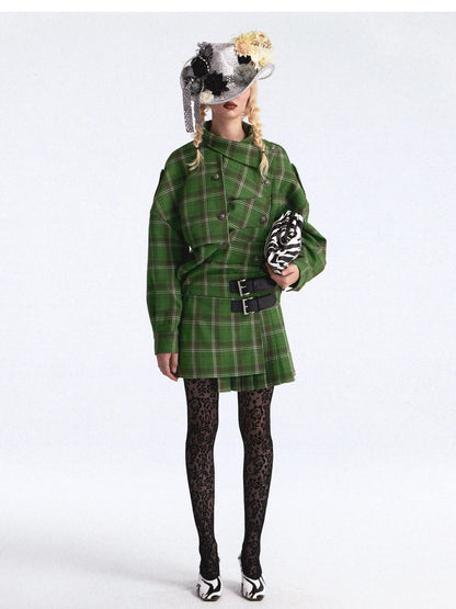 FULLTIDE Asymmetric Plaid Double Breasted Cinched Waist Women&