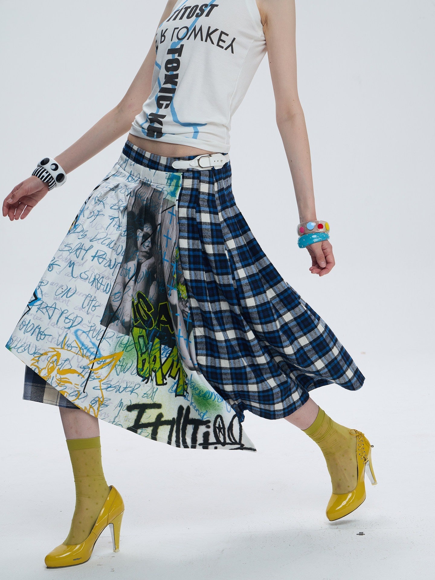 FULLTIDE_Asymmetric_Plaid_Patchwork_Graffiti_Print_Pleated_Cotton_Women&