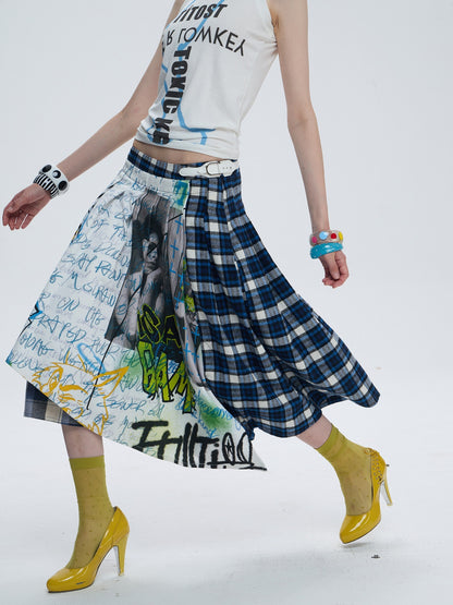 FULLTIDE_Asymmetric_Plaid_Patchwork_Graffiti_Print_Pleated_Cotton_Women&