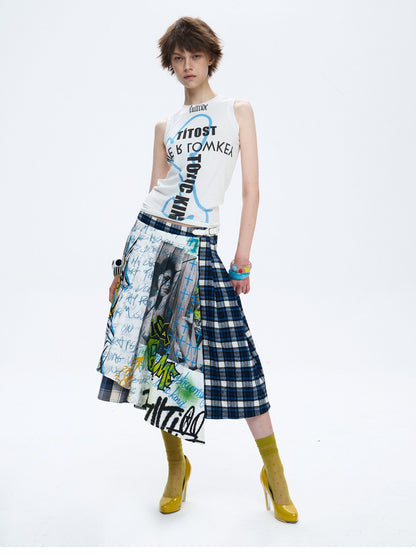 FULLTIDE Asymmetric Plaid Patchwork Graffiti Print Pleated Cotton Women&