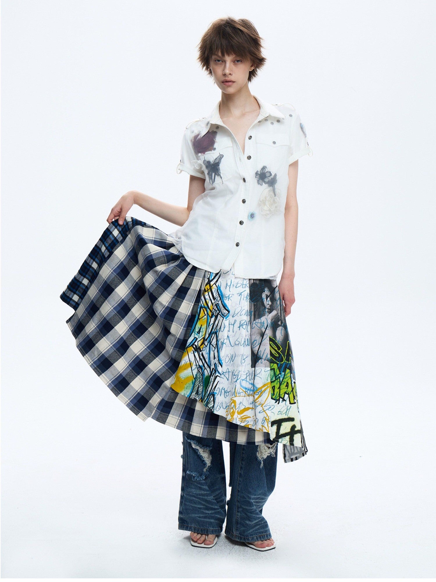 FULLTIDE Asymmetric Plaid Patchwork Graffiti Print Pleated Cotton Women&