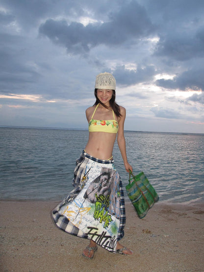 FULLTIDE Asymmetric Plaid Patchwork Graffiti Print Pleated Cotton Women&