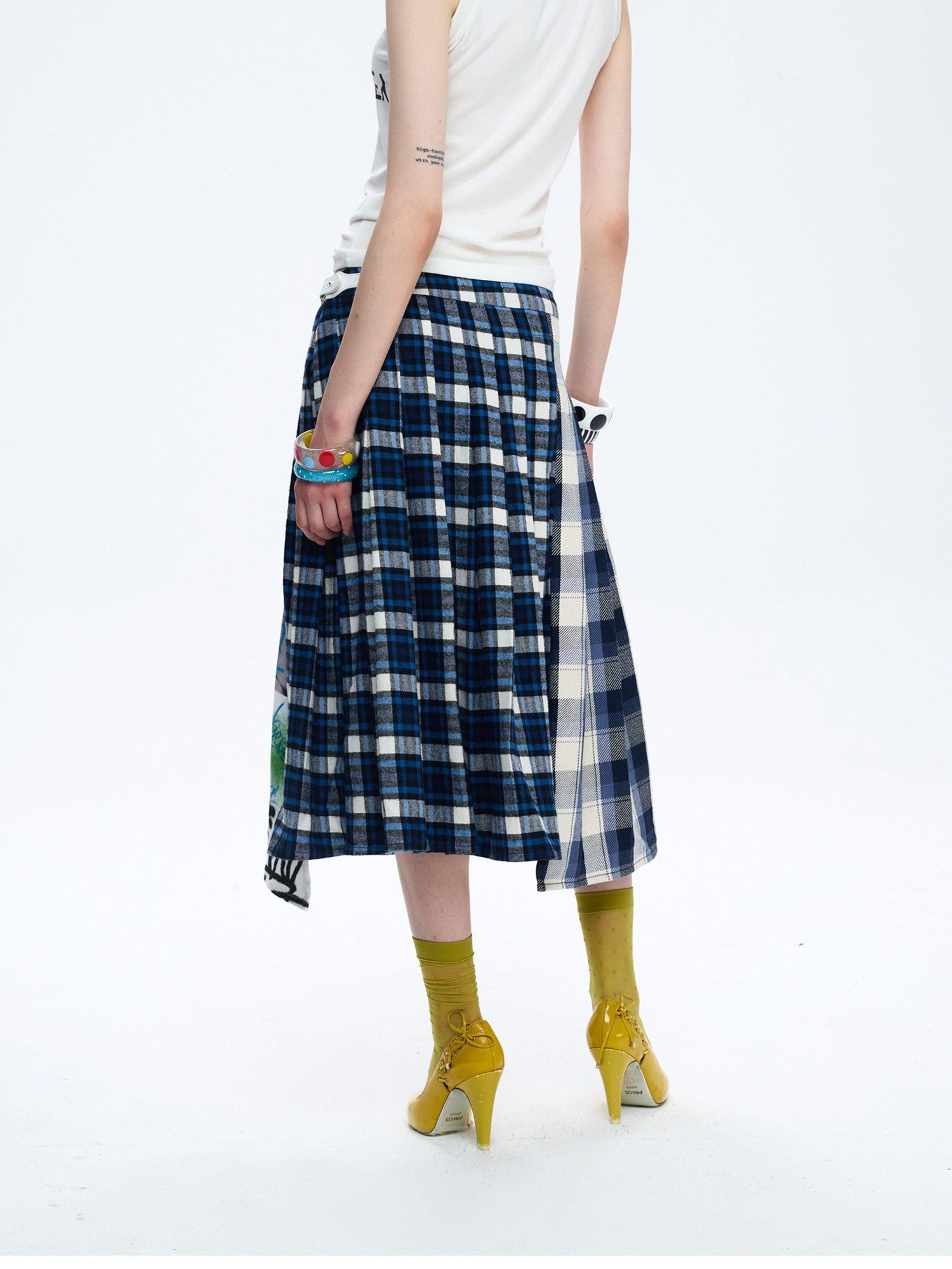 FULLTIDE Asymmetric Plaid Patchwork Graffiti Print Pleated Cotton Women&