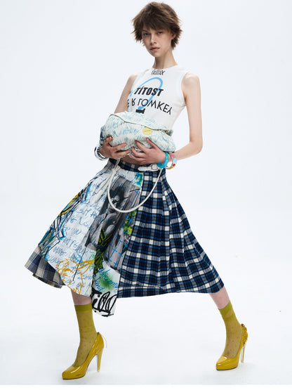 FULLTIDE Asymmetric Plaid Patchwork Graffiti Print Pleated Cotton Women&