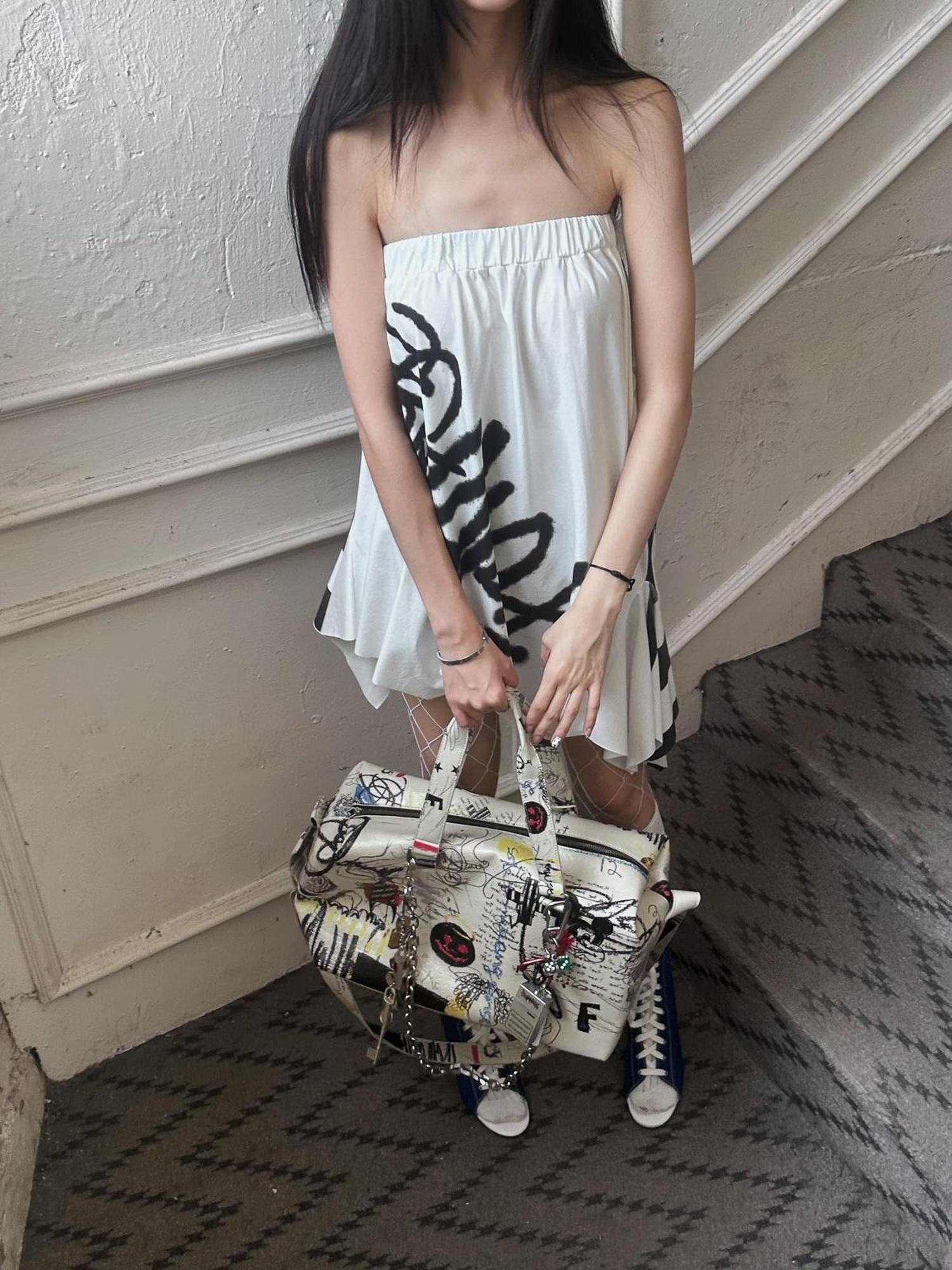 FULLTIDE Belt Print Tote Casual Minimalist Large Unisex Pvc Synthetic Graffiti Beige Bag