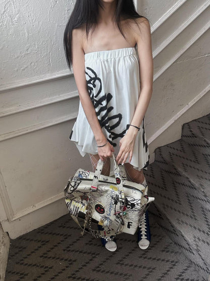 FULLTIDE Belt Print Tote Casual Minimalist Large Unisex Pvc Synthetic Graffiti Beige Bag