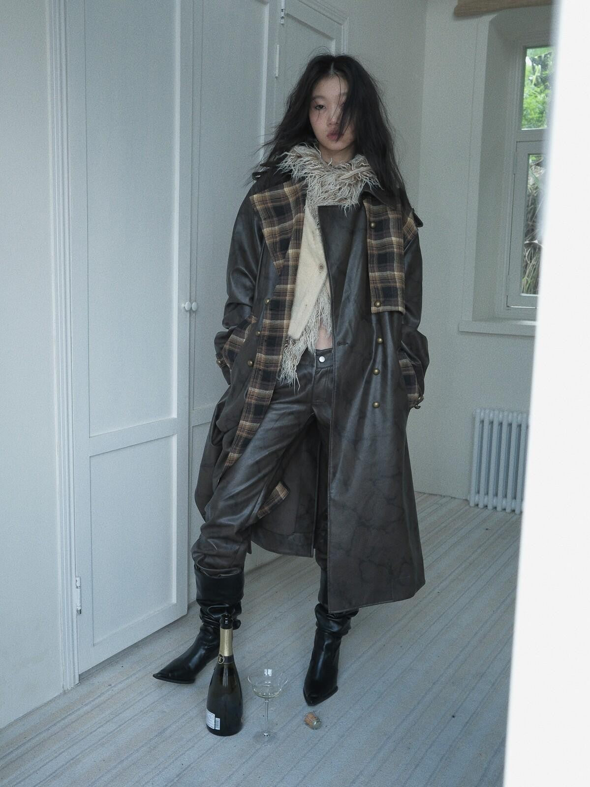 FULLTIDE Black Brown Plaid Patchwork Double Breasted Women&