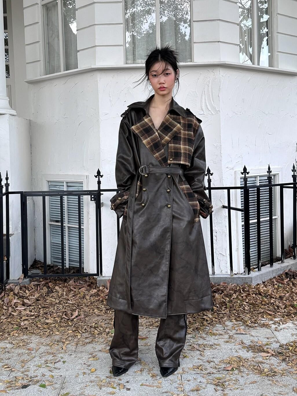 FULLTIDE Black Brown Plaid Patchwork Double Breasted Women&