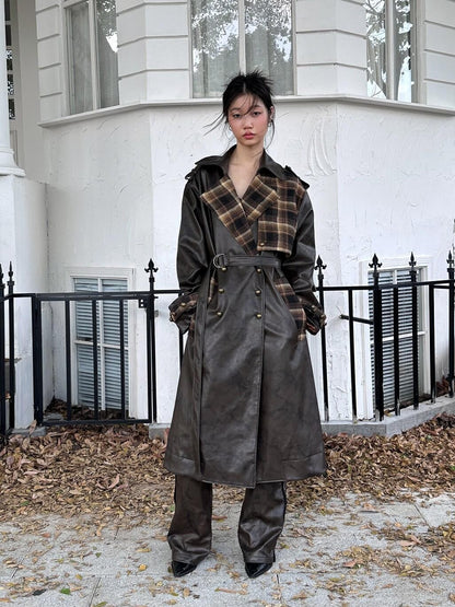 FULLTIDE Black Brown Plaid Patchwork Double Breasted Women&
