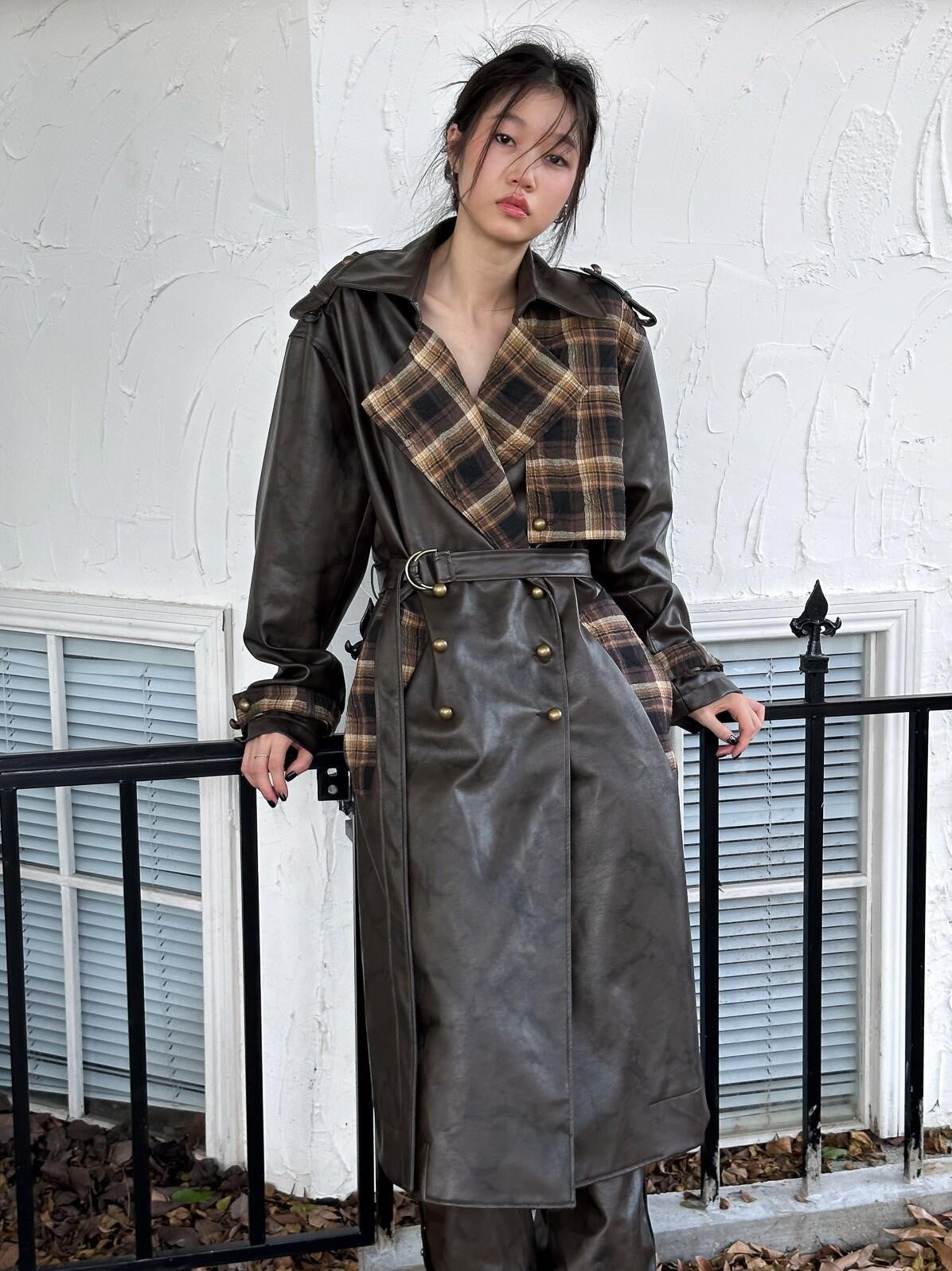 FULLTIDE Black Brown Plaid Patchwork Double Breasted Women&