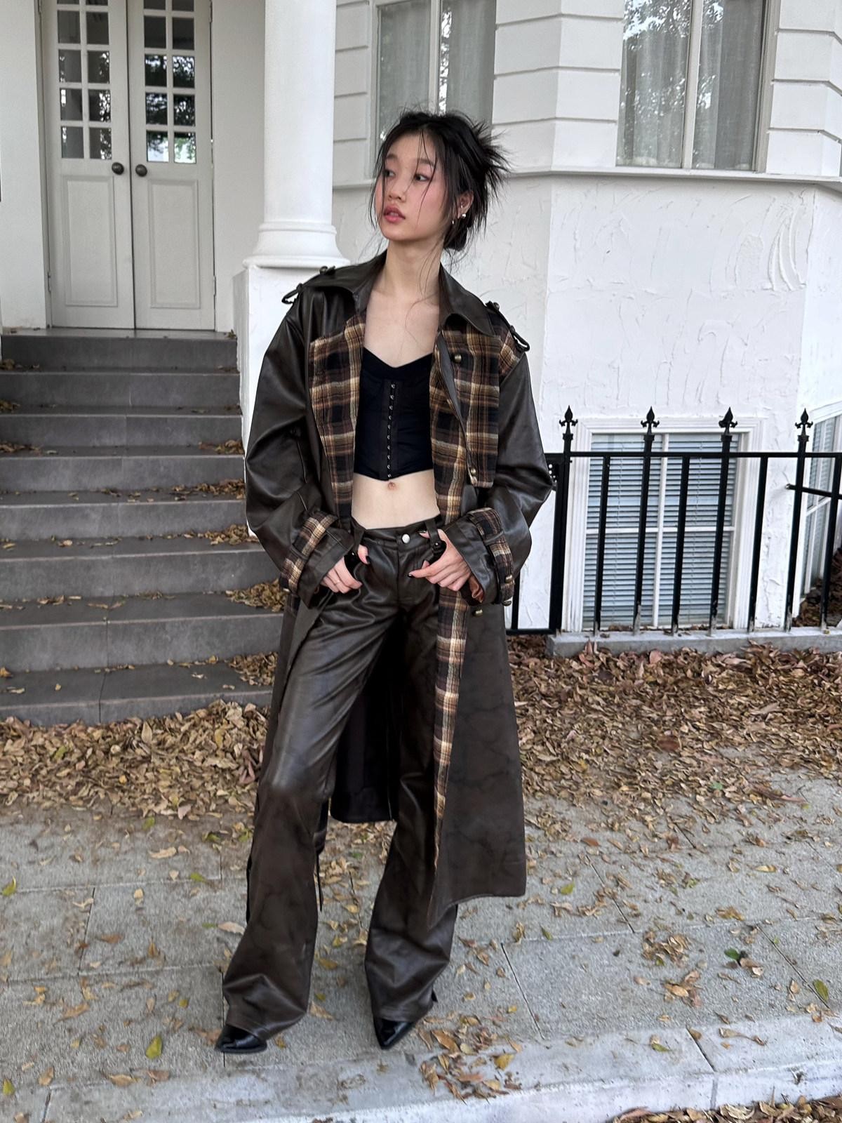 FULLTIDE Black Brown Plaid Patchwork Double Breasted Women&