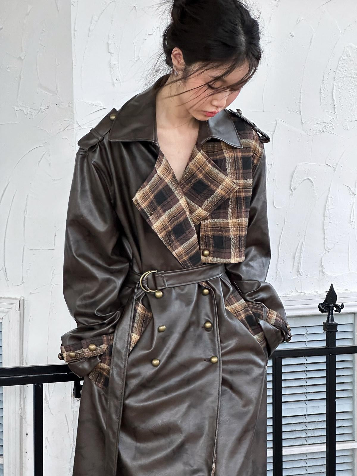 FULLTIDE Black Brown Plaid Patchwork Double Breasted Women&