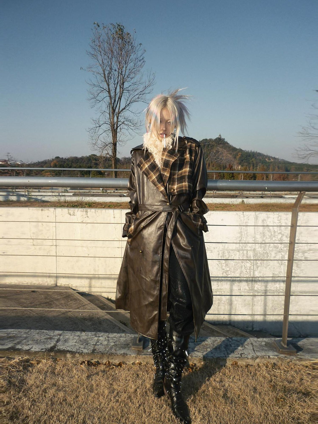 FULLTIDE Black Brown Plaid Patchwork Double Breasted Women&