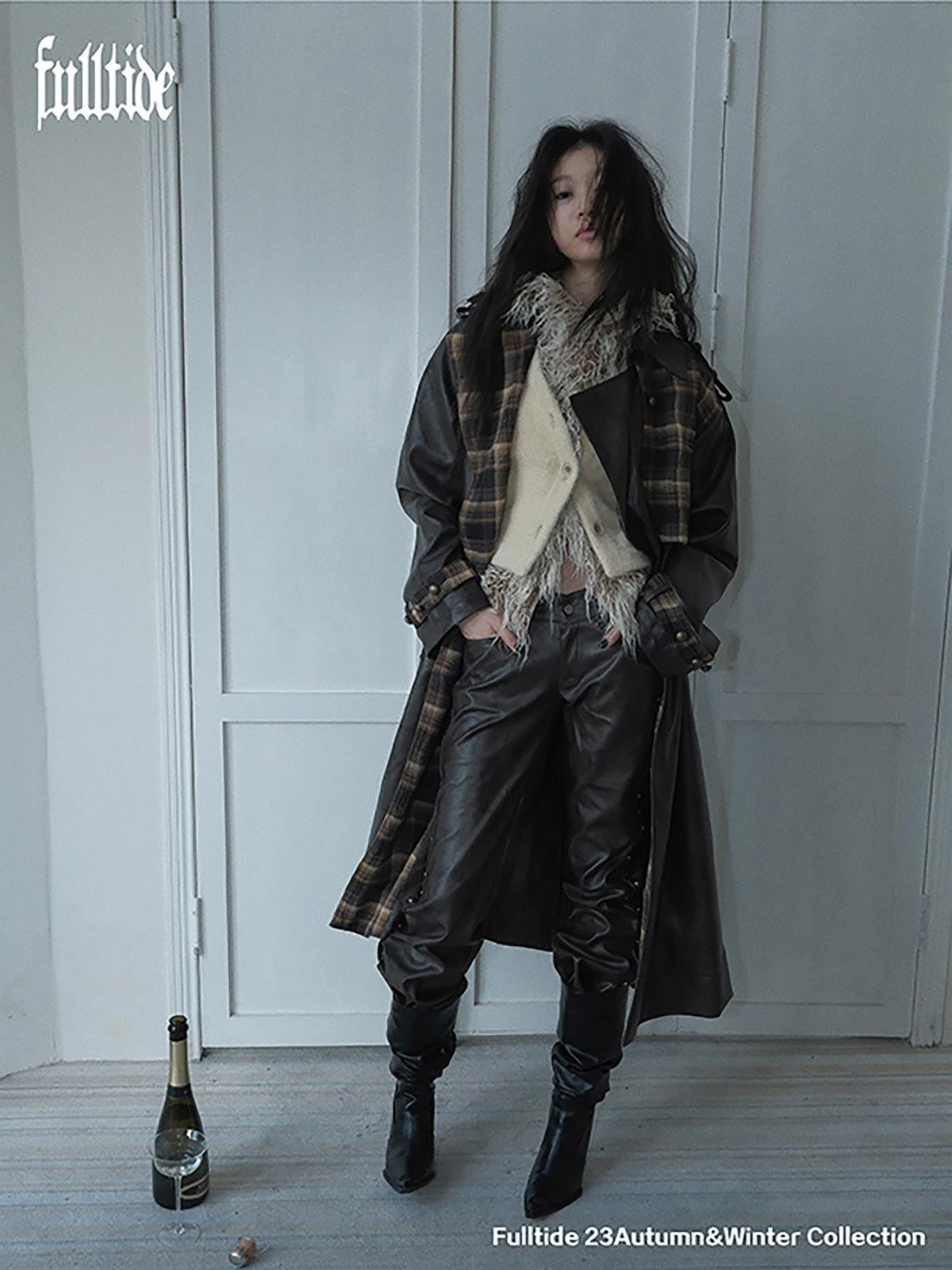 FULLTIDE Black Brown Plaid Patchwork Double Breasted Women&