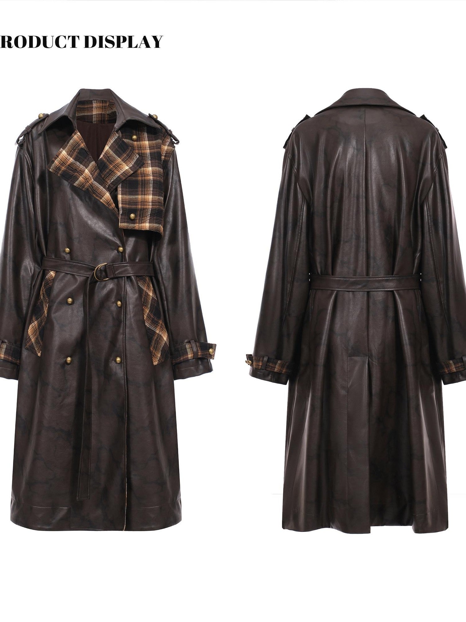 FULLTIDE Black Brown Plaid Patchwork Double Breasted Women&