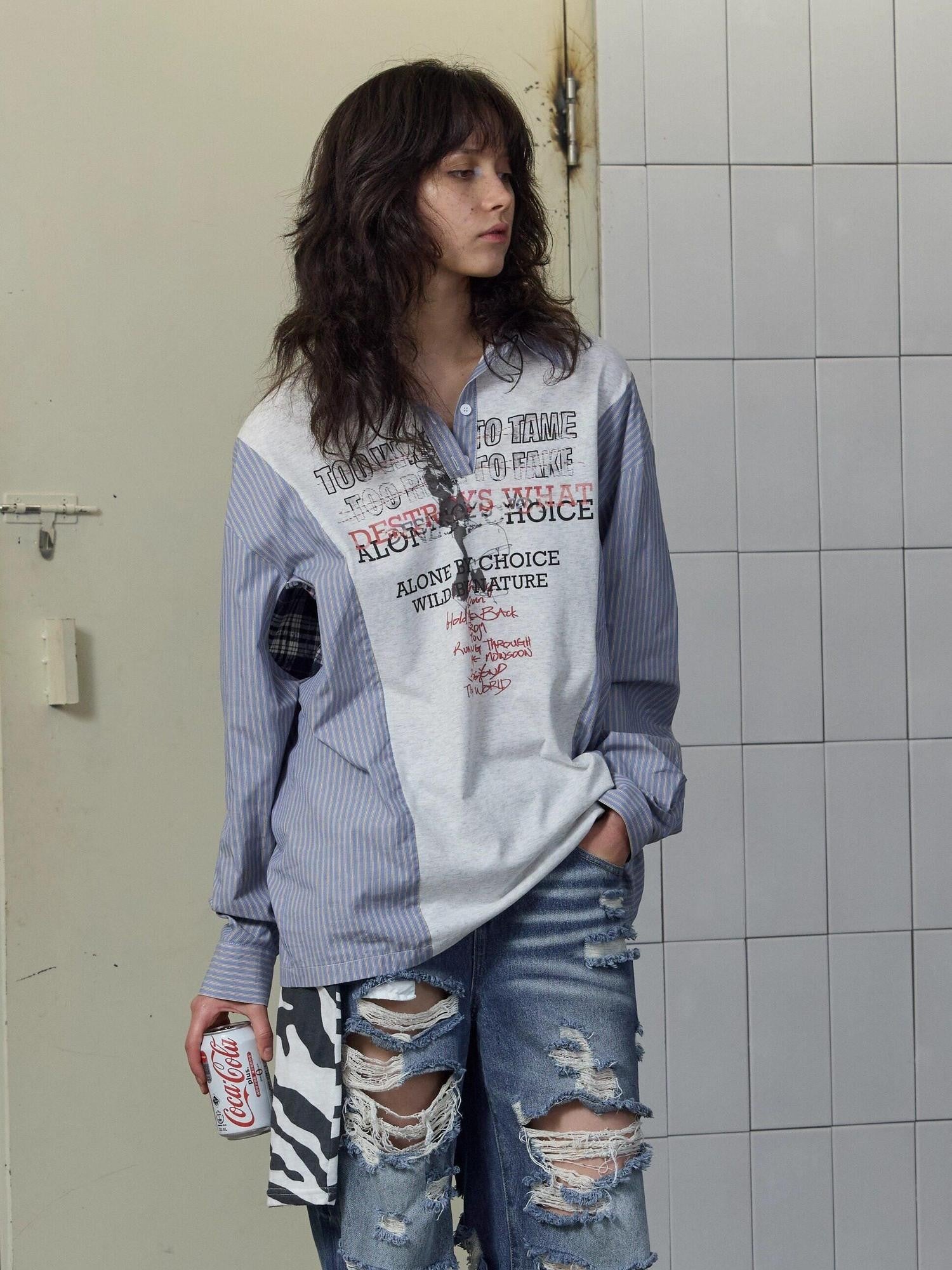 FULLTIDE Blue White Graffiti Printed Patchwork Striped Women&