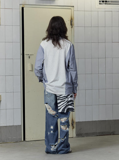 FULLTIDE Blue White Graffiti Printed Patchwork Striped Women&
