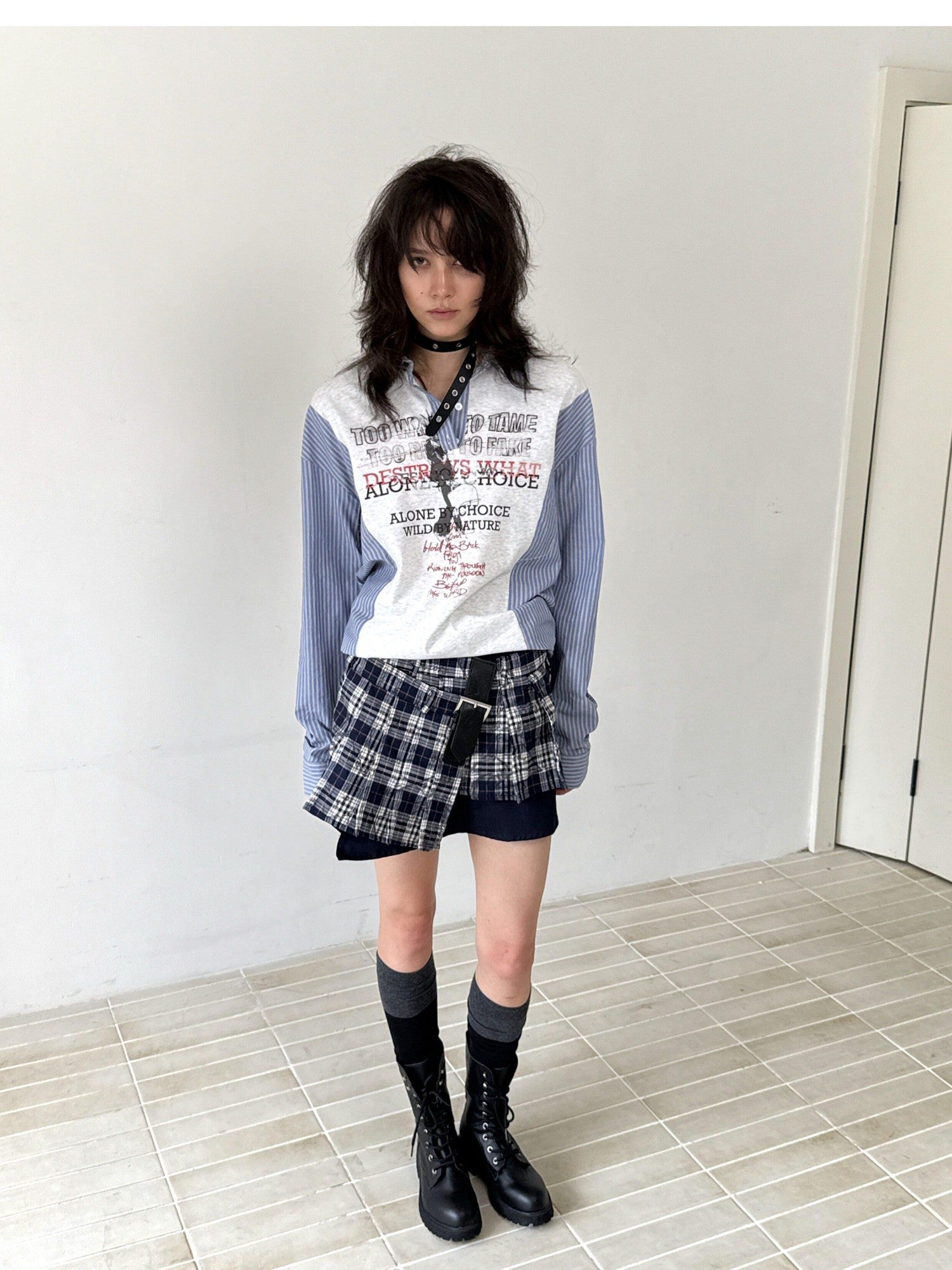 FULLTIDE Blue White Graffiti Printed Patchwork Striped Women&