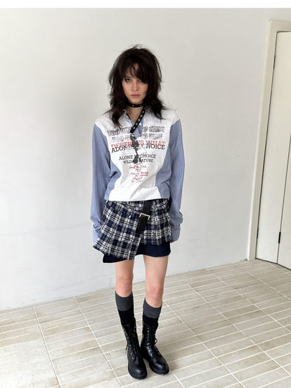 FULLTIDE Blue White Graffiti Printed Patchwork Striped Women&