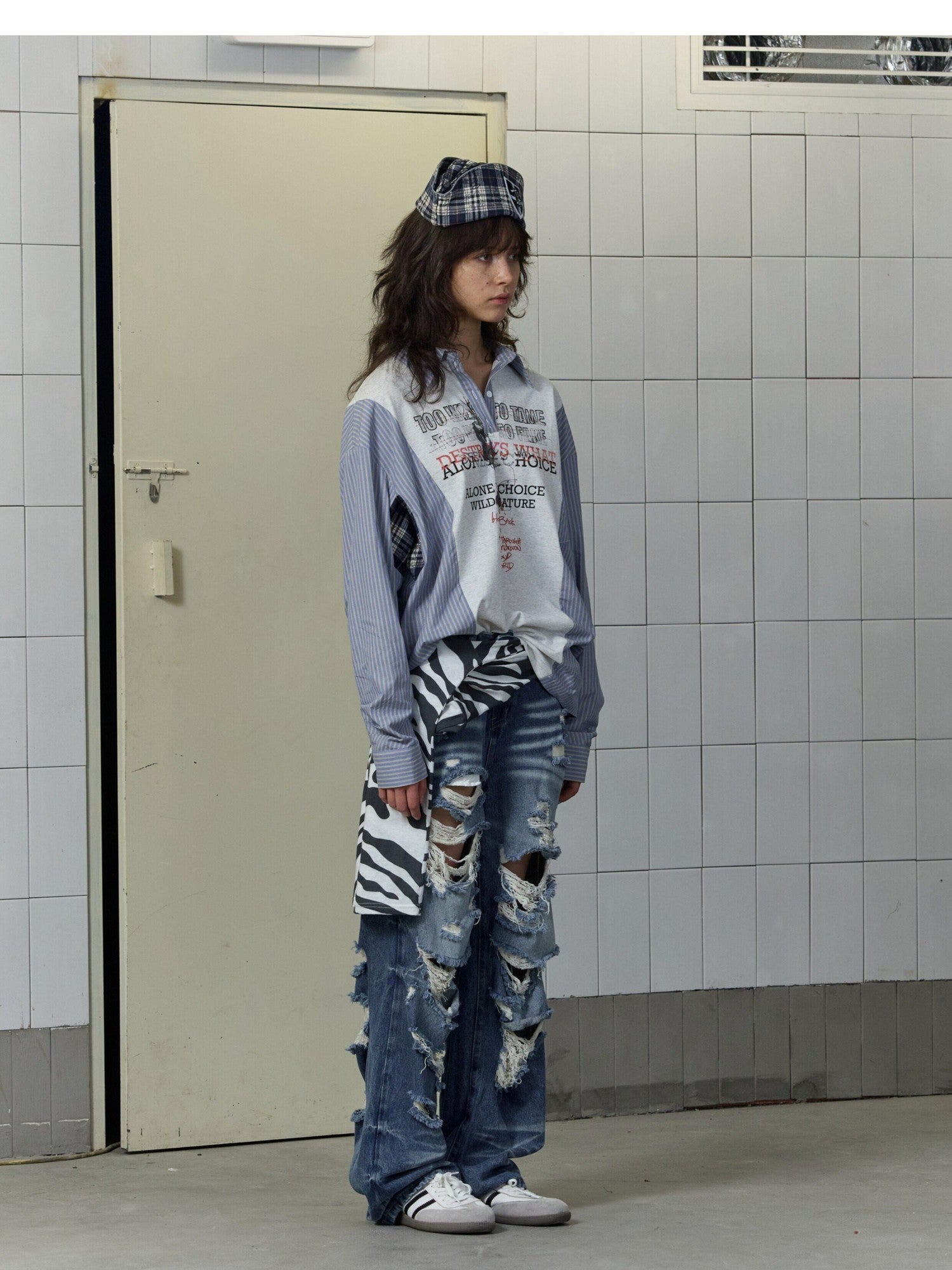 FULLTIDE Blue White Graffiti Printed Patchwork Striped Women&