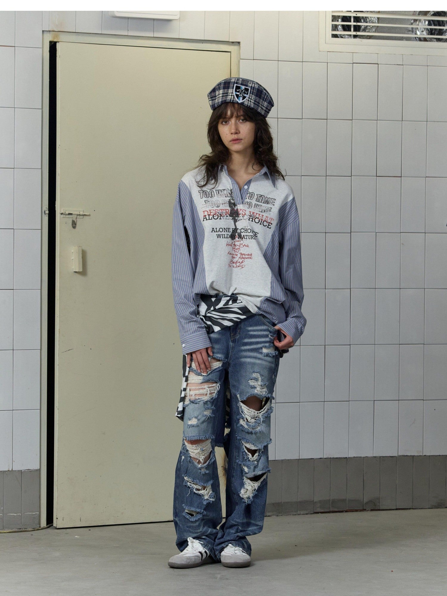 FULLTIDE Blue White Graffiti Printed Patchwork Striped Women&
