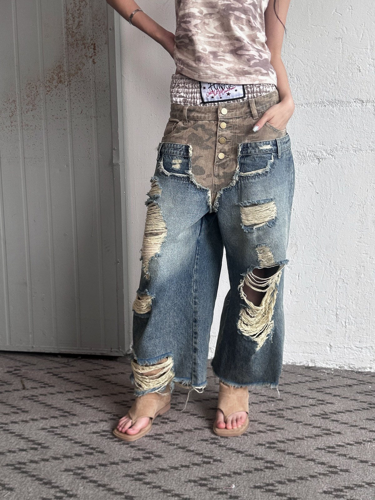 FULLTIDE_Camo_Deconstructed_Patchwork_Distressed_Low_Waist_Women&