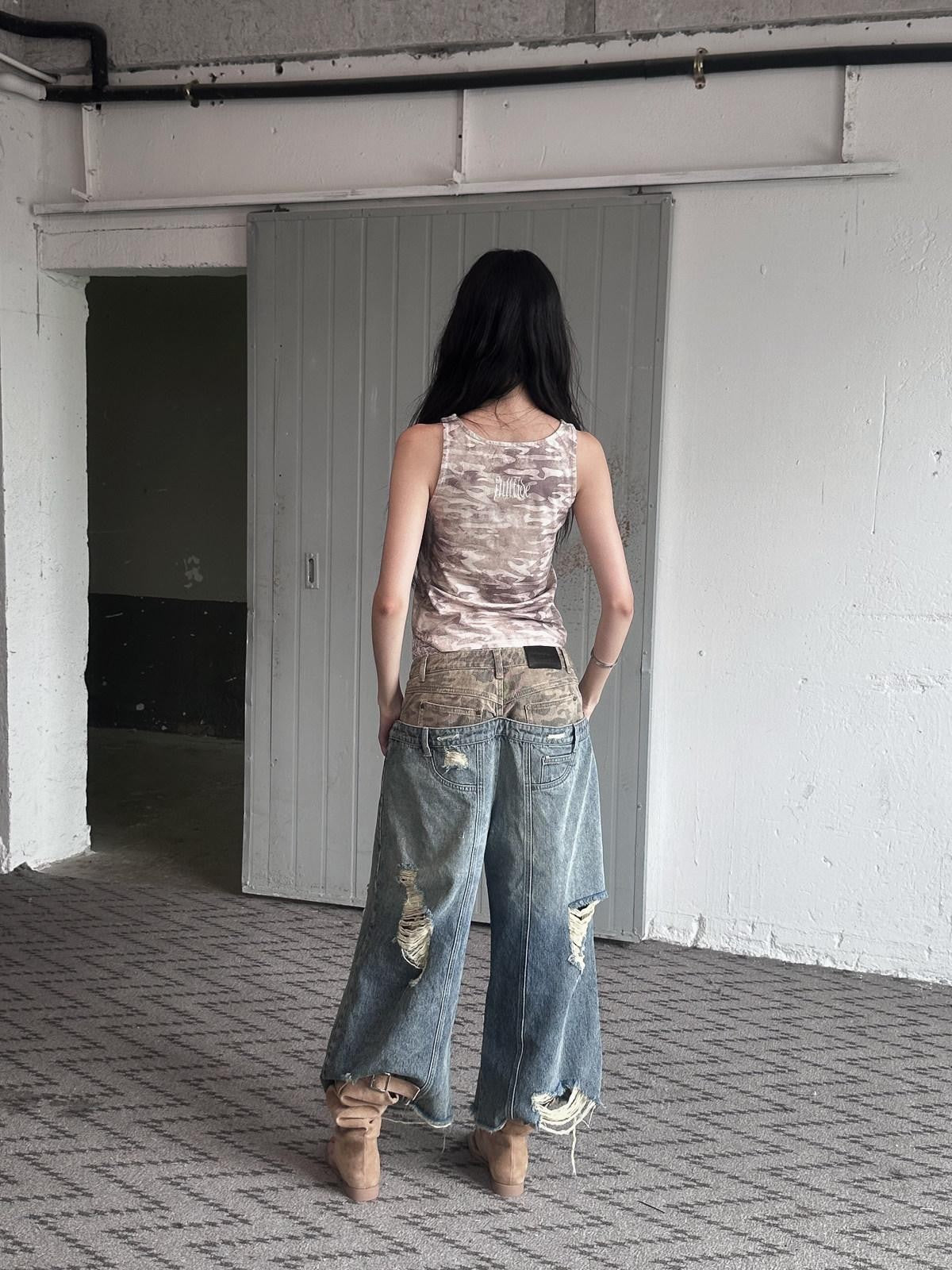 FULLTIDE Camo Deconstructed Patchwork Distressed Low Waist Women&