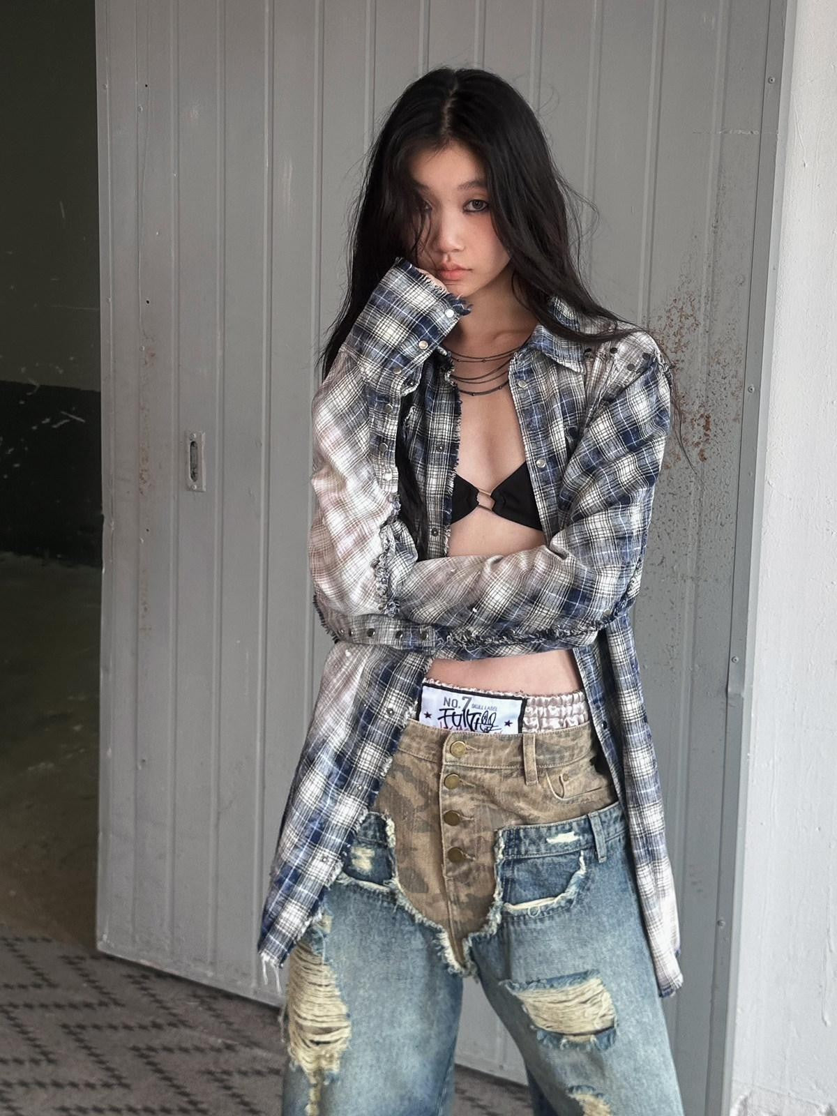 FULLTIDE Camo Deconstructed Patchwork Distressed Low Waist Women&