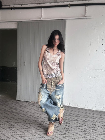 FULLTIDE Camo Deconstructed Patchwork Distressed Low Waist Women&