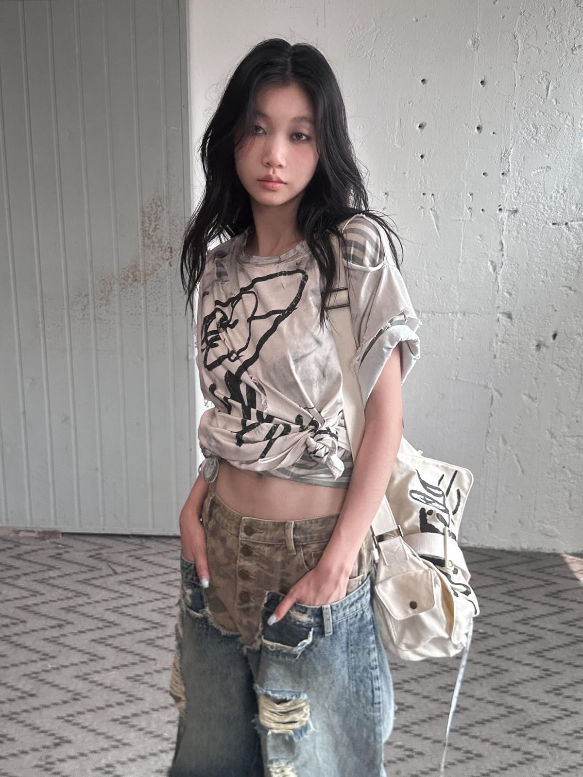 FULLTIDE Camo Deconstructed Patchwork Distressed Low Waist Women&
