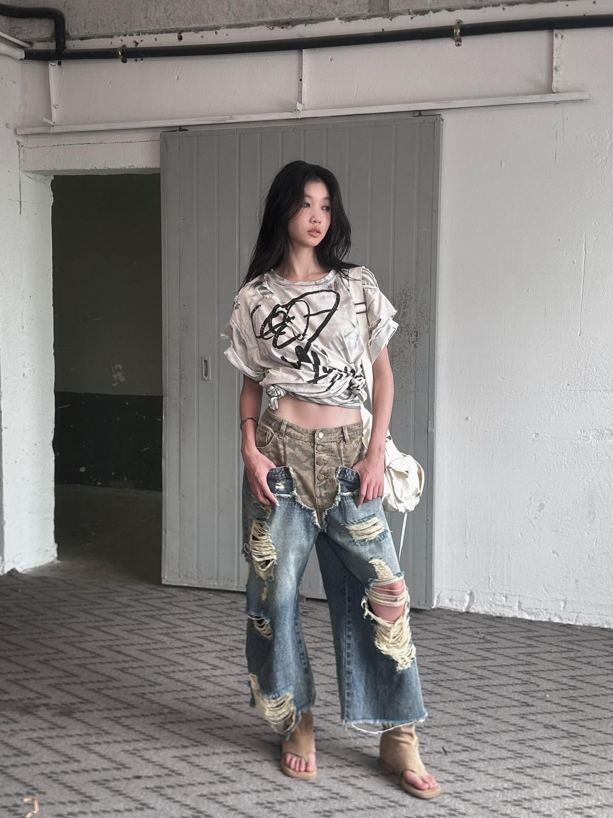 FULLTIDE Camo Deconstructed Patchwork Distressed Low Waist Women&