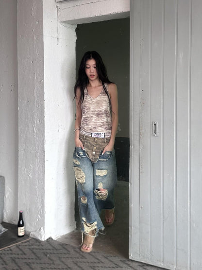 FULLTIDE Camo Deconstructed Patchwork Distressed Low Waist Women&