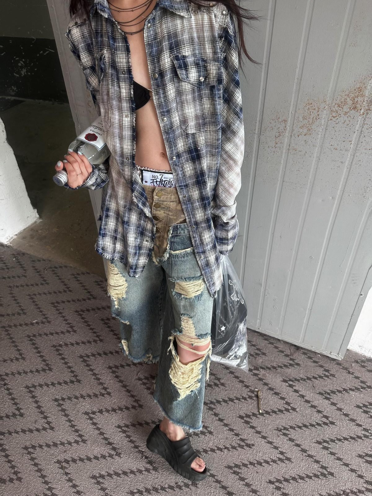 FULLTIDE Camo Deconstructed Patchwork Distressed Low Waist Women&