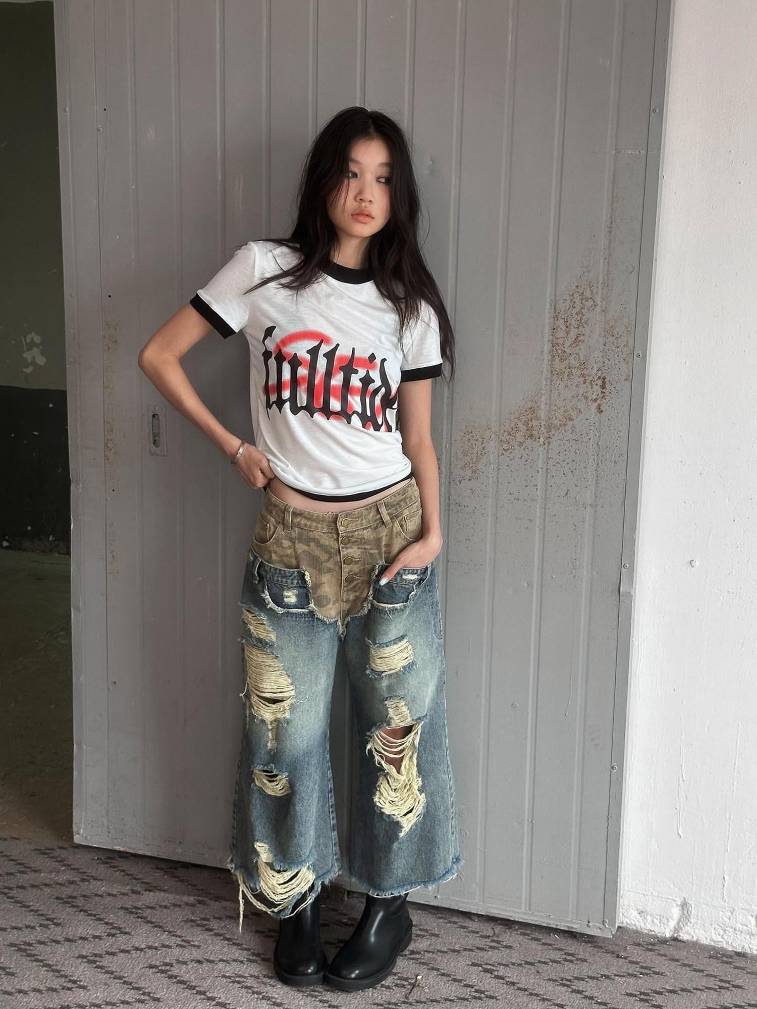 FULLTIDE Camo Deconstructed Patchwork Distressed Low Waist Women&