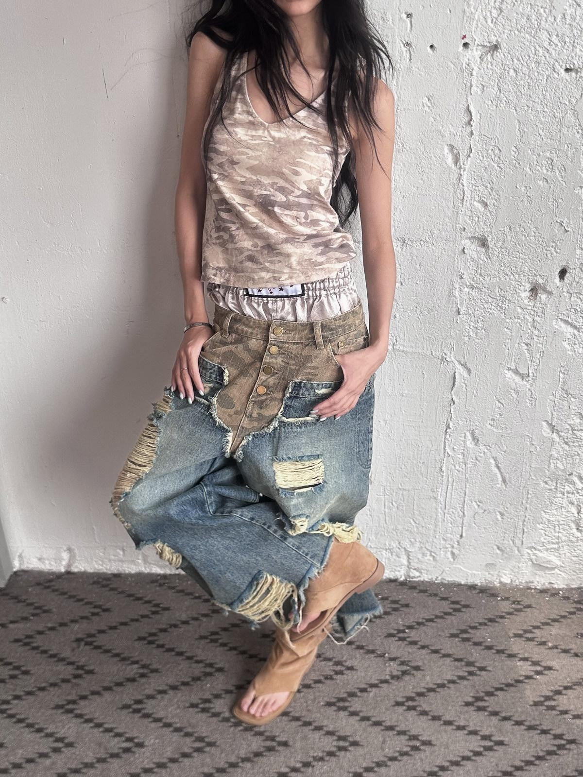 FULLTIDE Camo Deconstructed Patchwork Distressed Low Waist Women&