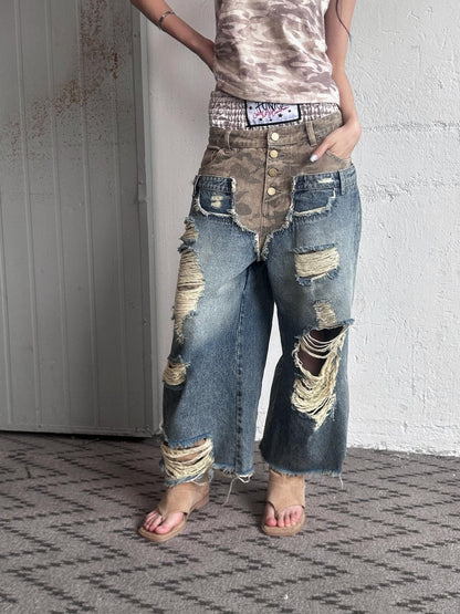 FULLTIDE Camo Deconstructed Patchwork Distressed Low Waist Women&