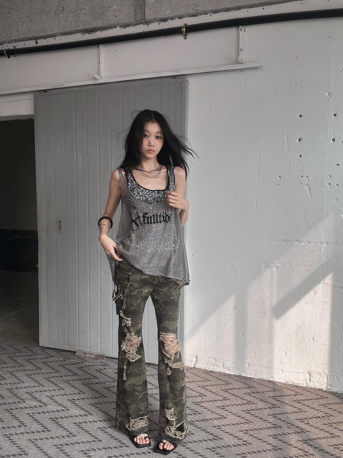 FULLTIDE Camo Distressed Washed Low Rise Bootcut Women&