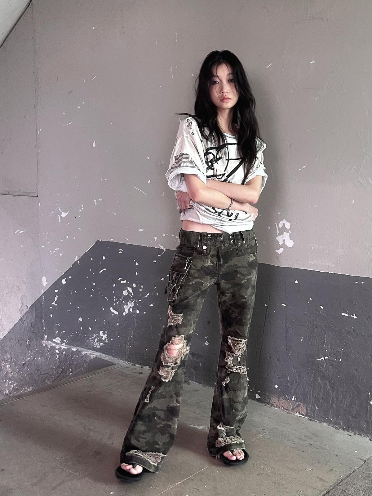 FULLTIDE Camo Distressed Washed Low Rise Bootcut Women&