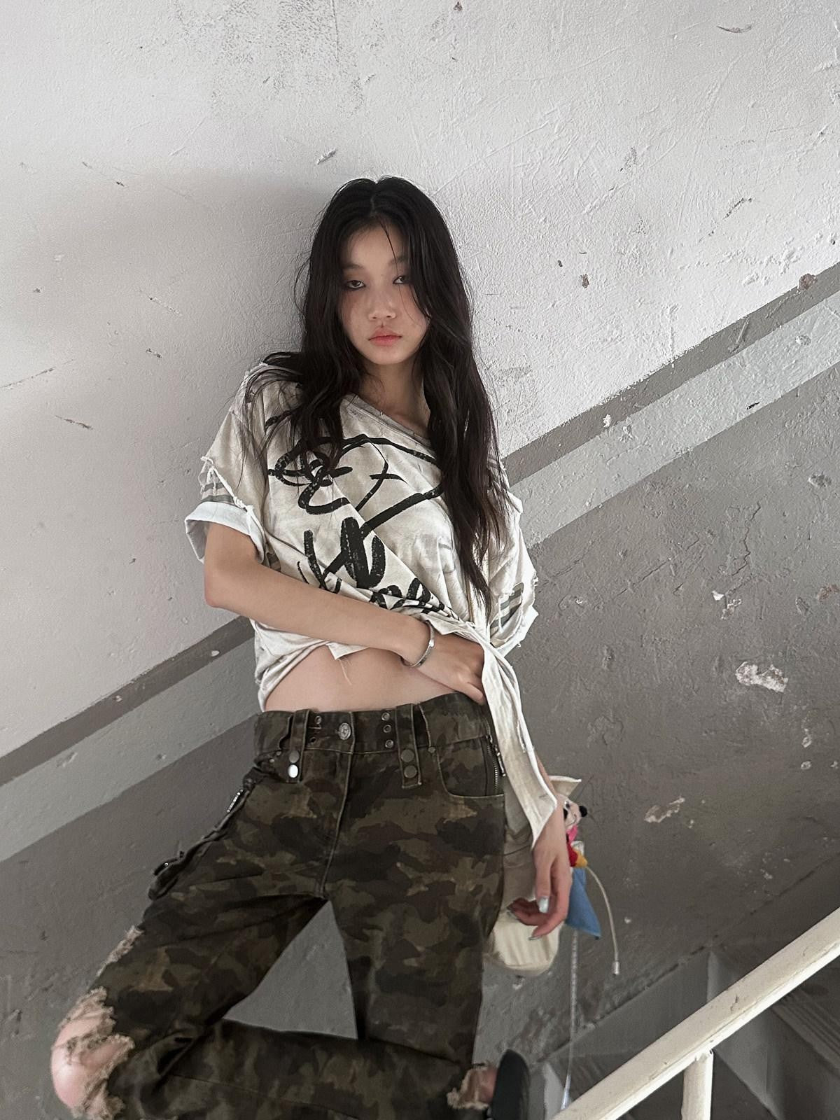 FULLTIDE Camo Distressed Washed Low Rise Bootcut Women&