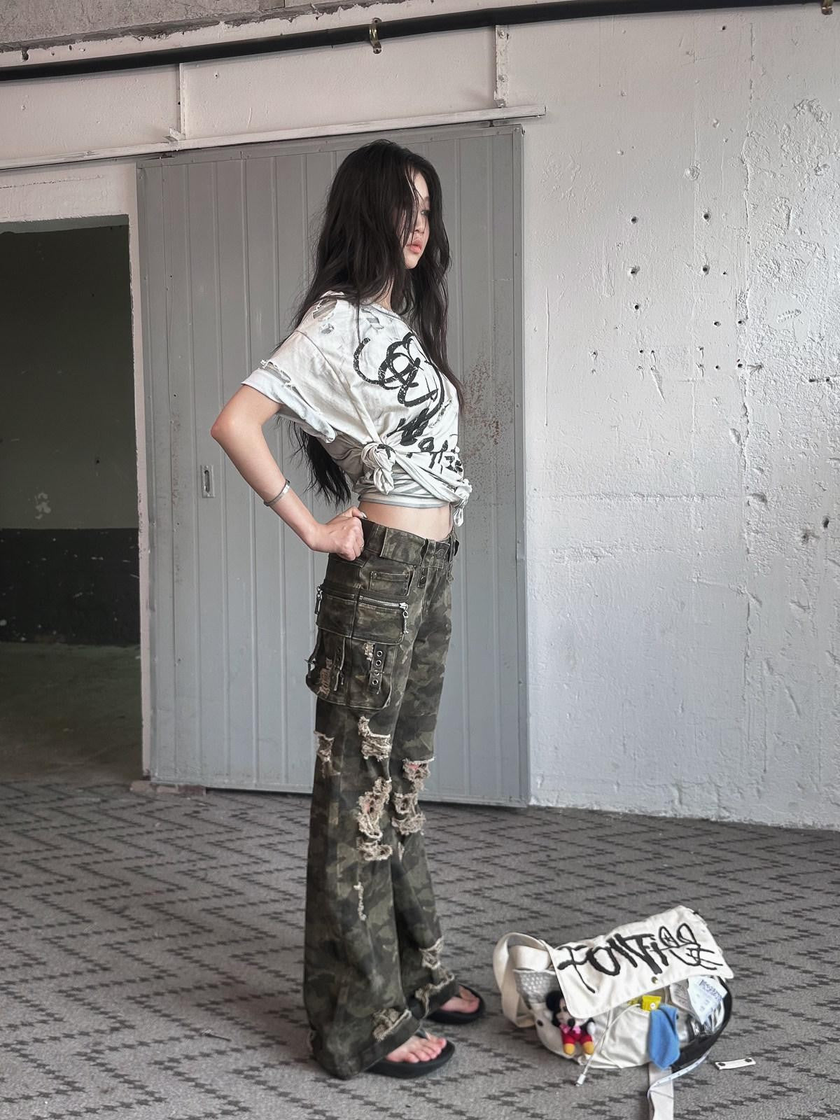 FULLTIDE Camo Distressed Washed Low Rise Bootcut Women&